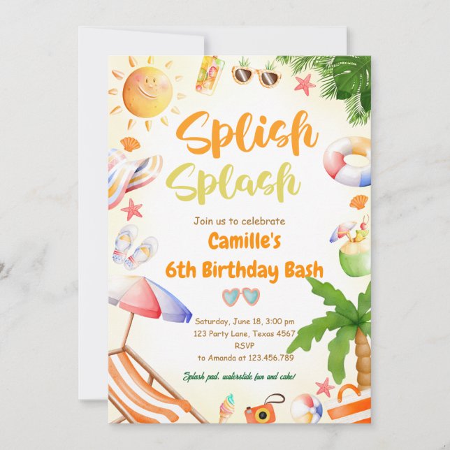Invitation Splish Splash Girl Anniversaire Bash Pool fête (Devant)