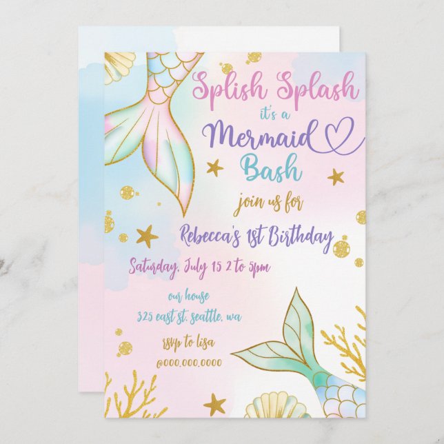 Invitation Splish Splash Mermaid Bash Birthday Party (Devant / Derrière)