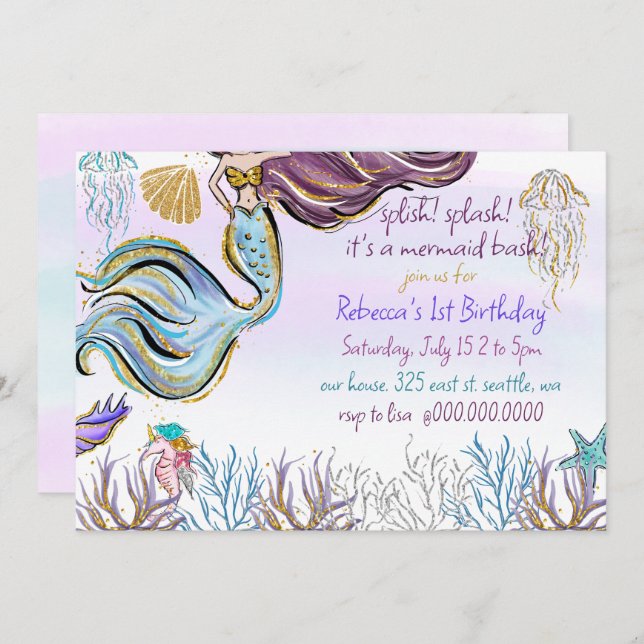 Invitation Splish Splash Mermaid Bash Birthday Party (Devant / Derrière)