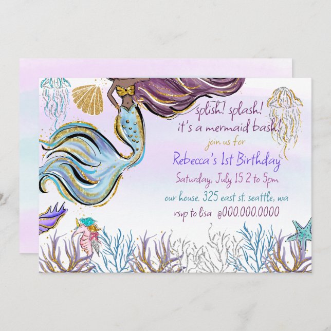 Invitation Splish Splash Mermaid Bash Birthday Party (Devant / Derrière)