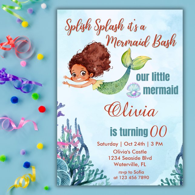 Invitation Splish Splash Mermaid Bash Brown N'importe quel âg (Créateur téléchargé)