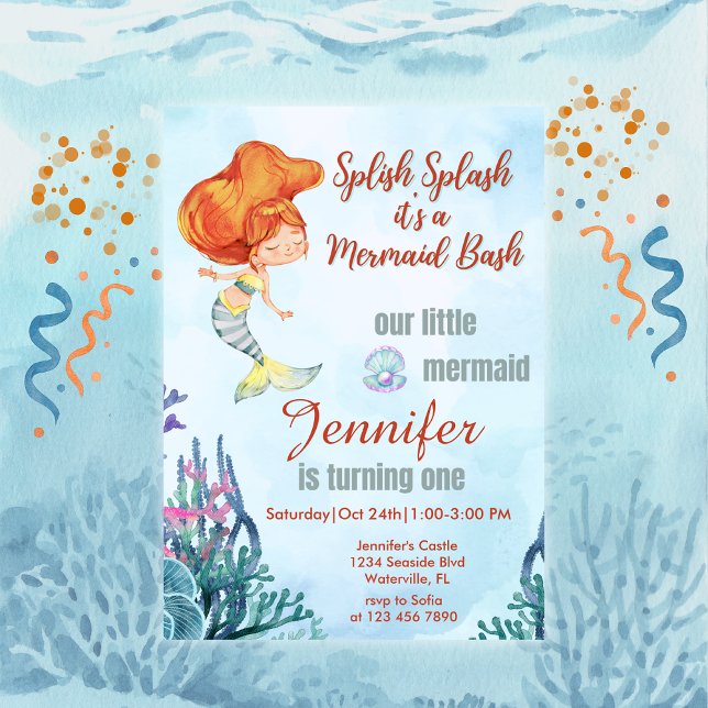 Invitation Splish Splash Orang Mermaid Bash Girl 1er annivers (Créateur téléchargé)