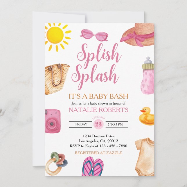 Invitation Splish Splash Pink Beach Summer girl Baby shower (Devant)