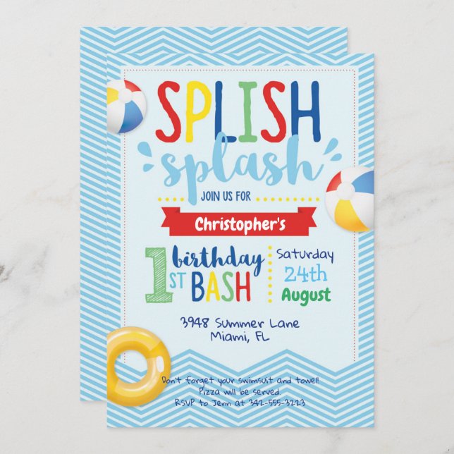 Invitation Splish Splash Pool Party 1er anniversaire Invitati (Devant / Derrière)