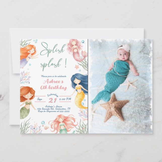 Invitation Splish Splash Sirène 6ème Anniversaire (Devant)