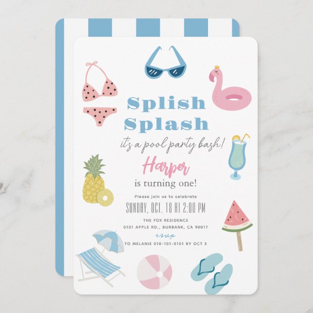 Invitation Splish Splash Summer Pool Party Fille 1er annivers (Devant / Derrière)
