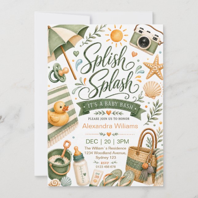 Invitation Splish Splash Vert Sauge Baby Shower de plage (Devant)