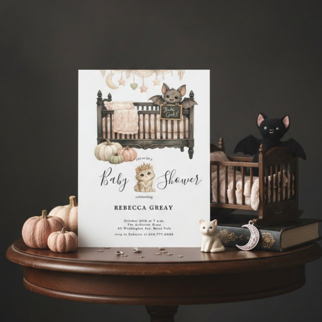 Invitation Spooky Chic Gothic Bat & Kitten Baby Girl Shower  (Créateur téléchargé)