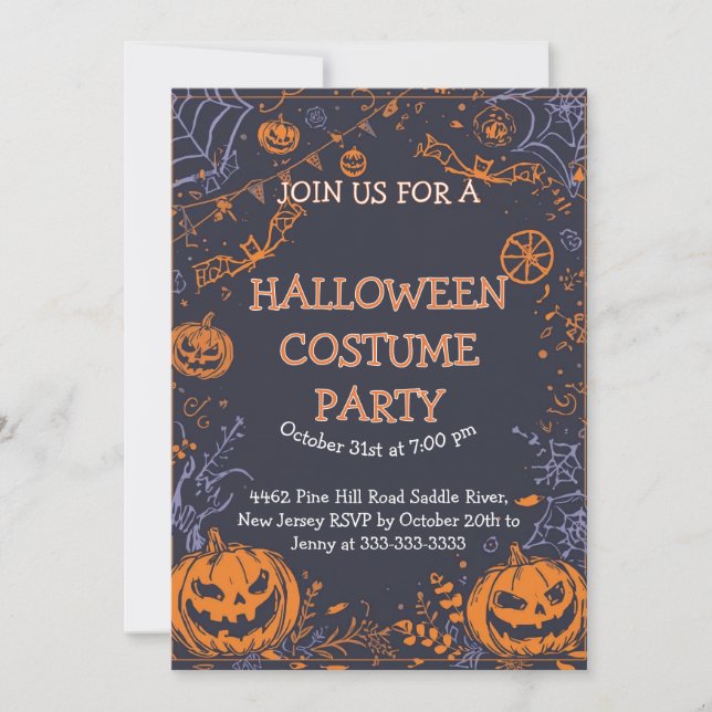 Invitation Spooky Halloween Costume Party Fun Pumpkin & Bat  (Devant)