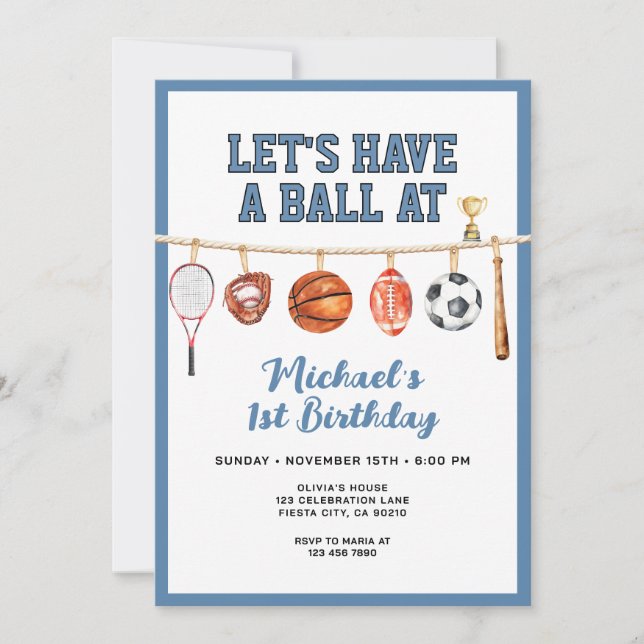 Invitation Sport Boy Ball All Star Themed Party Blue Birthday (Devant)