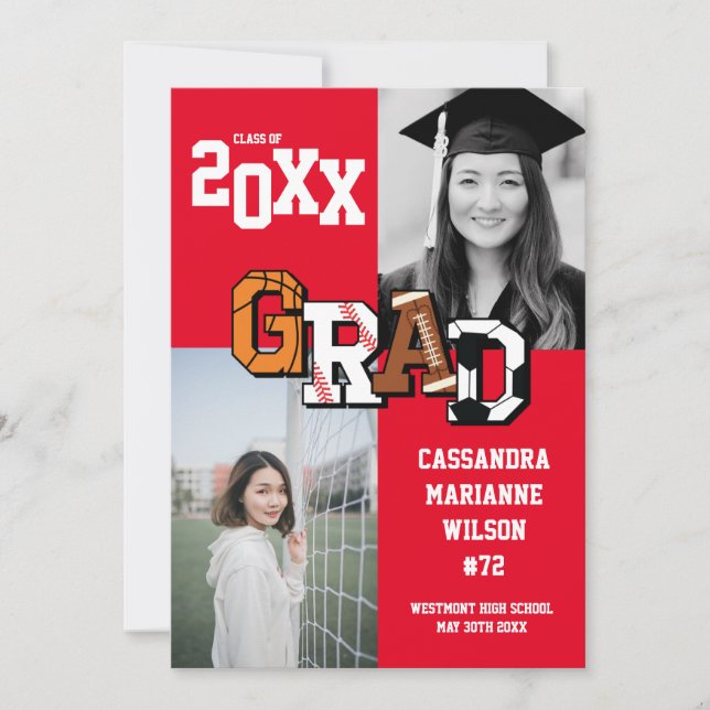 Invitation Sport Graduation Soccer Basketball Football Rouge (Devant)