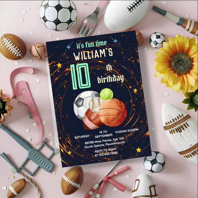 Invitation sport jeu bleu enfants garçons Sports 10e annivers (Créateur téléchargé)