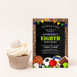 Invitation Sport rustique Anniversaire de enfant à thème<br><div class="desc">Ces invitations d'anniversaire changent la donne ! Des invitations à des fêtes sportives colorées, avec un arrière - plan rustique en bois et noir, décoré de minuscules étoiles blanches, une bannière arc-en-ciel, de l'herbe verte et un éventail d'équipements sportifs (football, volley, basket, rondelle de hockey, balle de rugby, balle de...</div>