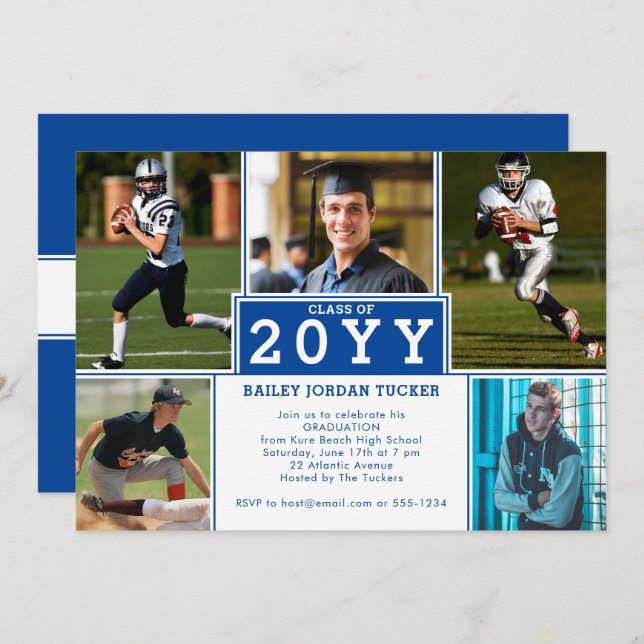Invitation sportive 5 photo Deep Blue Graduation (Devant / Derrière)