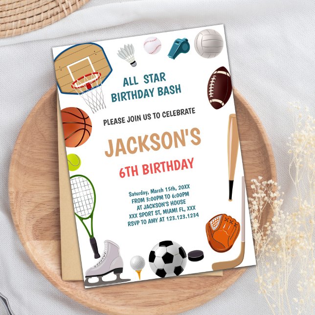 Invitation sportive 6e anniversaire (6th Birthday Sports Birthday Invitations)