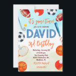 Invitation Sports à thème Enfants fête d'anniversaire<br><div class="desc">Sports À Thème Enfants Anniversaire Fête Invitation. Des invitations à des fêtes sportives colorées à thème amusantes, avec une bannière arc-en-ciel et un éventail d'équipements sportifs (football, volley, basket, hockey, balle de rugby, tennis, ballons de snooker, golf et même une balle de ping-pong !). Le modèle moderne est facile à...</div>