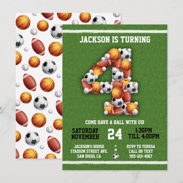 Invitation Sports Balles à thème 4e anniversaire Fête Invitat (Devant / Derrière)