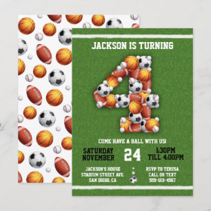 Invitation Sports Balles à thème 4e anniversaire Fête Invitat