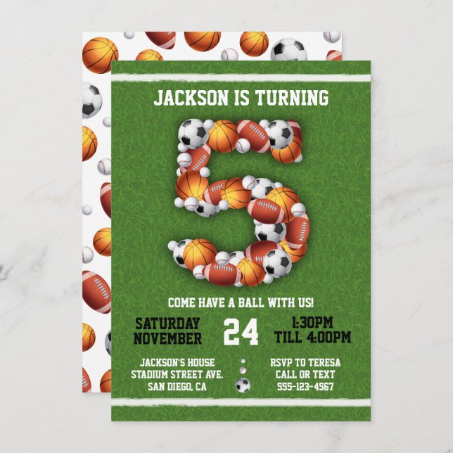 Invitation Sports Balles à thème 5e anniversaire Fête Invitat (Devant / Derrière)