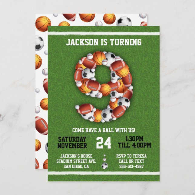 Invitation Sports Balles à thème 9e Anniversaire Fête Invitat (Devant / Derrière)