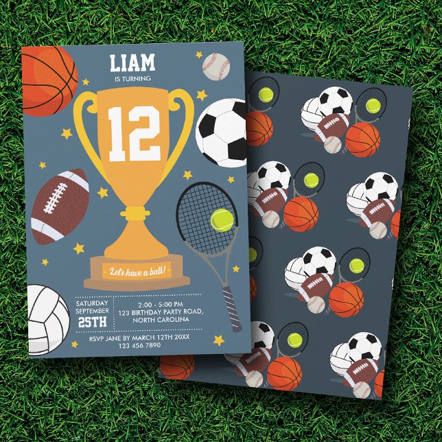 Invitation Sports Balles sportives Enfants Bleu Anniversaire (Sports Athletic Balls Kids Blue Birthday Party Invitation)