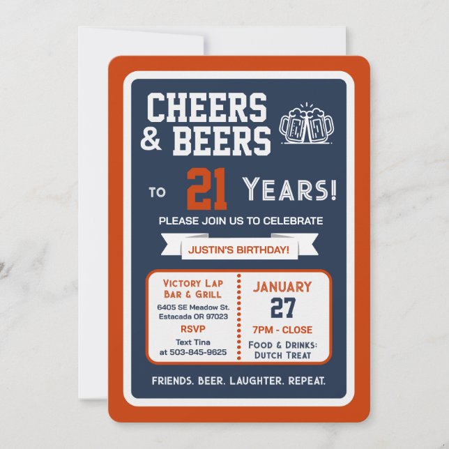 Invitation Sports Bar Birthday Cheers and Beers to 21 Years (Devant)