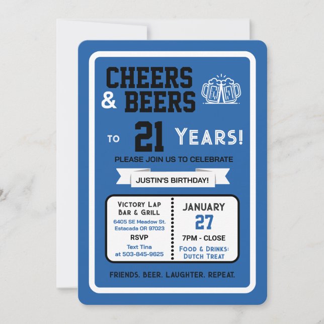 Invitation Sports Bar Birthday Cheers and Beers to 21 Years  (Devant)