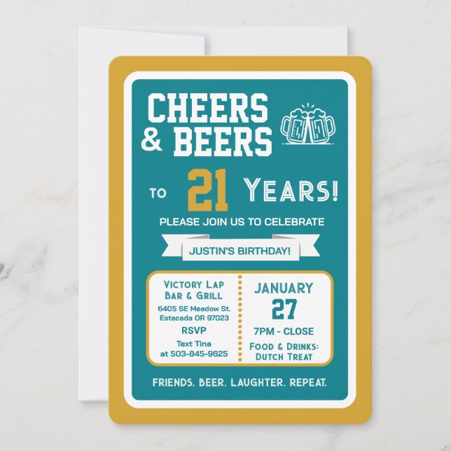 Invitation Sports Bar Birthday Cheers and Beers to 21 Years  (Devant)