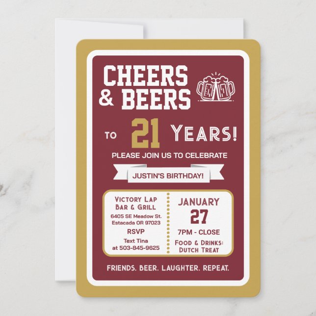 Invitation Sports Bar Birthday Cheers and Beers to 21 Years  (Devant)