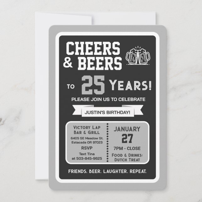Invitation Sports Bar Birthday Cheers and Beers to 25 Years (Devant)