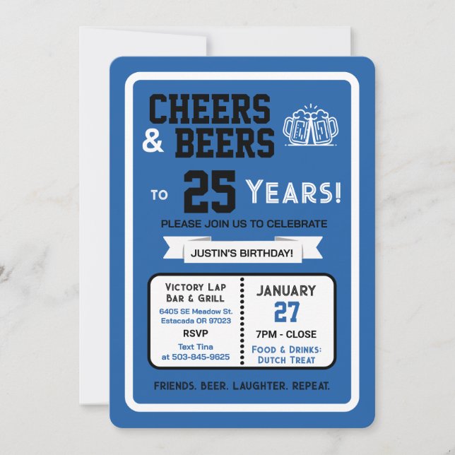 Invitation Sports Bar Birthday Cheers and Beers to 25 Years  (Devant)