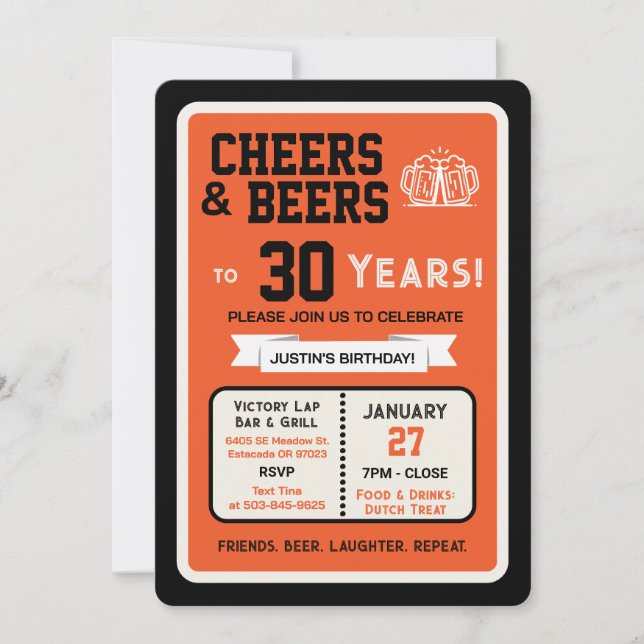 Invitation Sports Bar Birthday Cheers and Beers to 30 Years  (Devant)
