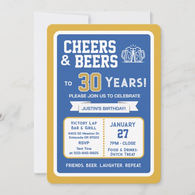 Invitation Sports Bar Birthday Cheers and Beers to 30 Years  (Devant)
