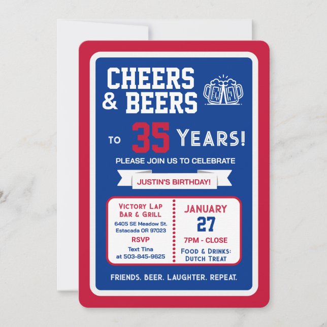 Invitation Sports Bar Birthday Cheers and Beers to 35 Years (Devant)