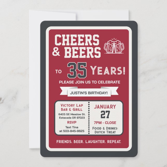 Invitation Sports Bar Birthday Cheers and Beers to 35 Years (Devant)