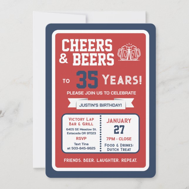 Invitation Sports Bar Birthday Cheers and Beers to 35 Years  (Devant)