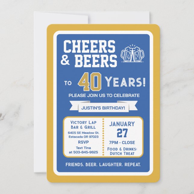 Invitation Sports Bar Birthday Cheers and Beers to 40 Years  (Devant)