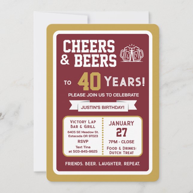Invitation Sports Bar Birthday Cheers and Beers to 40 Years  (Devant)