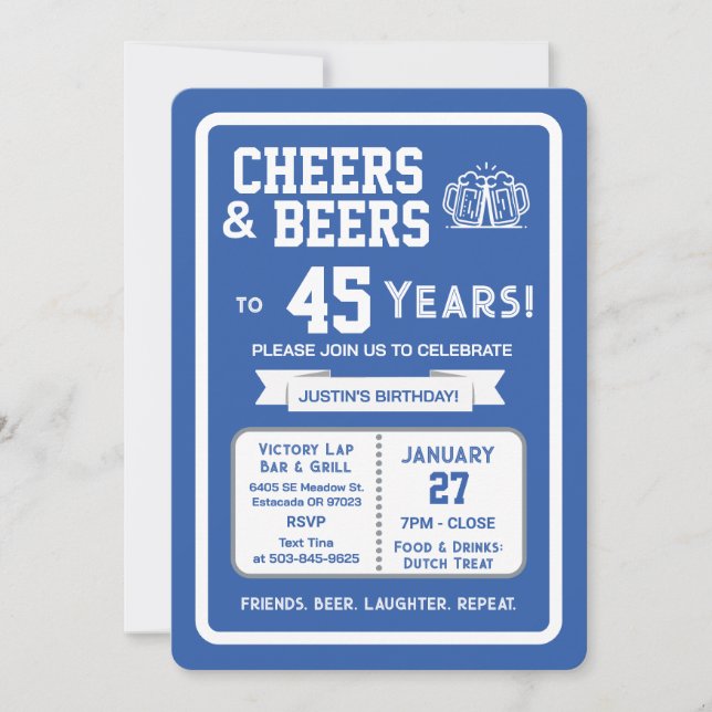 Invitation Sports Bar Birthday Cheers and Beers to 45 Years  (Devant)