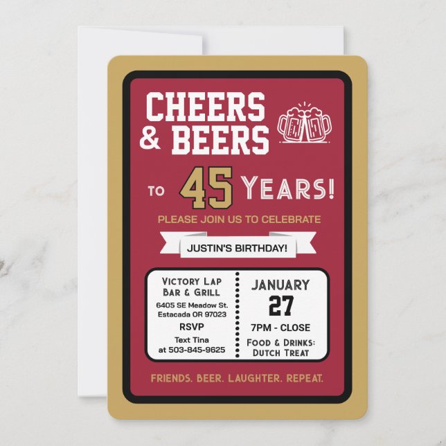 Invitation Sports Bar Birthday Cheers and Beers to 45 Years  (Devant)