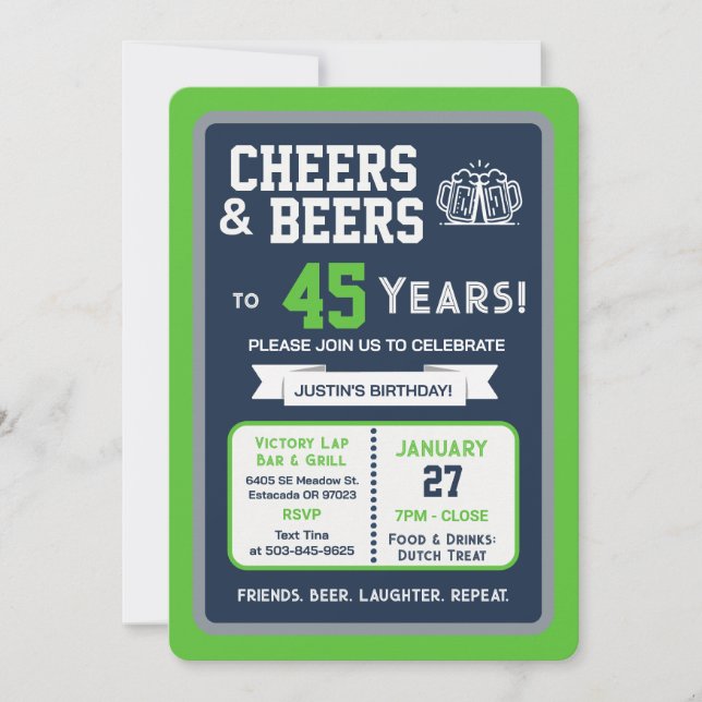 Invitation Sports Bar Birthday Cheers and Beers to 45 Years (Devant)