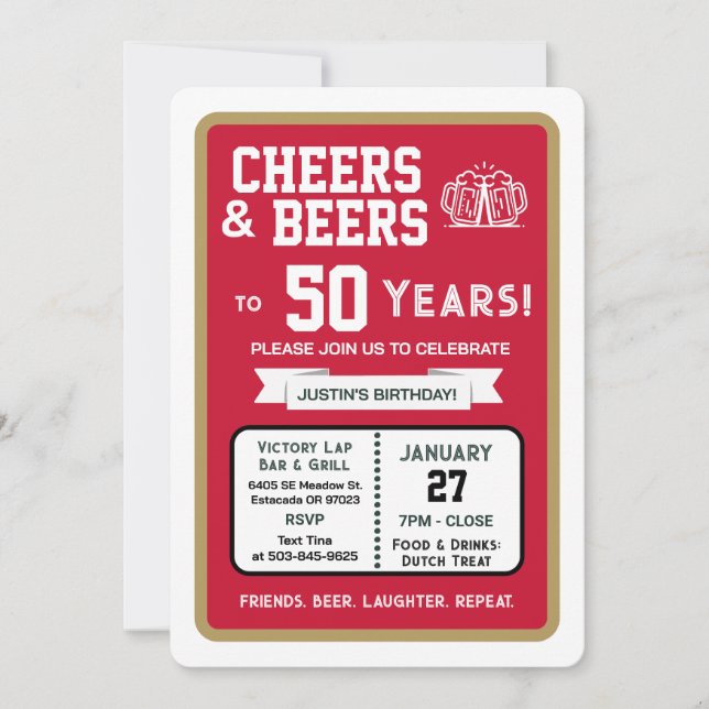 Invitation Sports Bar Birthday Cheers and Beers to 50 Years (Devant)