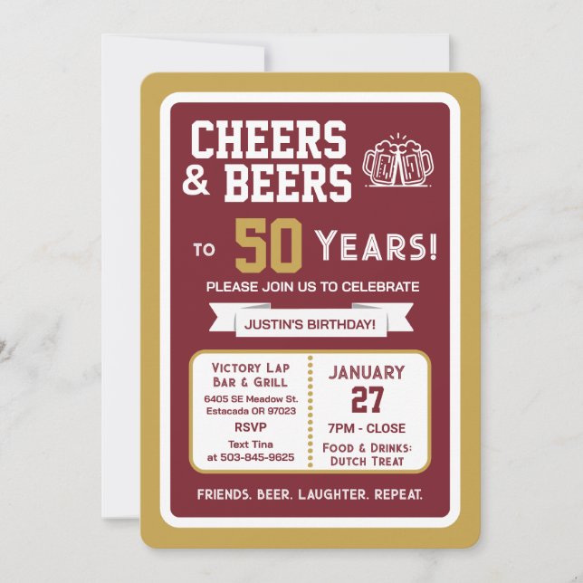Invitation Sports Bar Birthday Cheers and Beers to 50 Years  (Devant)