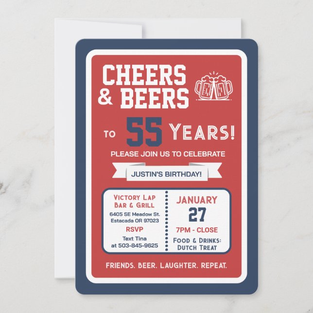 Invitation Sports Bar Birthday Cheers and Beers to 55 Years (Devant)
