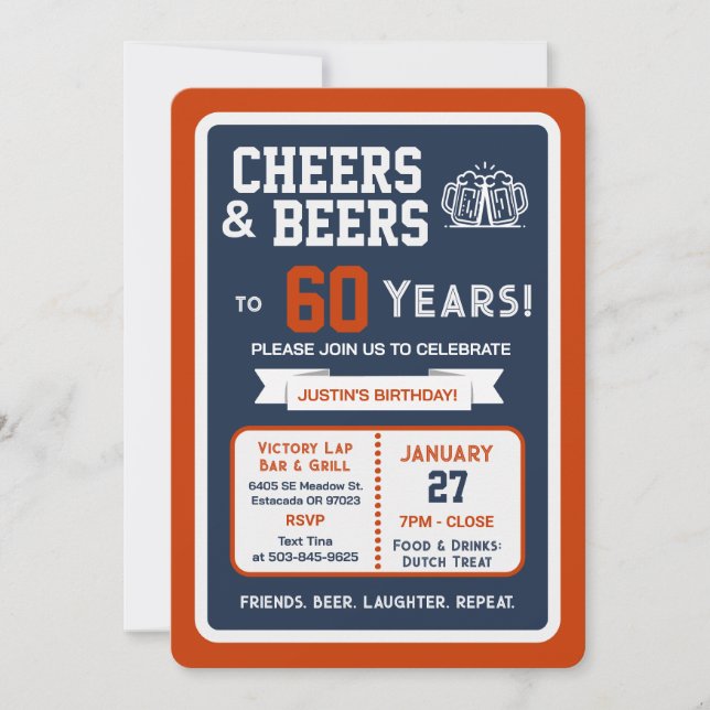 Invitation Sports Bar Birthday Cheers and Beers to 60 Years  (Devant)