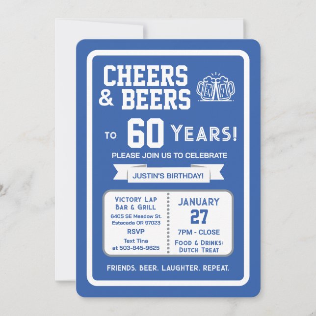 Invitation Sports Bar Birthday Cheers and Beers to 60 Years  (Devant)