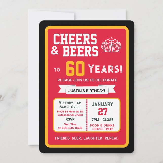 Invitation Sports Bar Birthday Cheers and Beers to 60 Years (Devant)