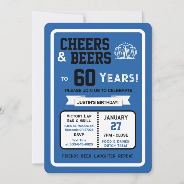 Invitation Sports Bar Birthday Cheers and Beers to 60 Years  (Devant)