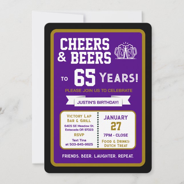 Invitation Sports Bar Birthday Cheers and Beers to 65 Years (Devant)
