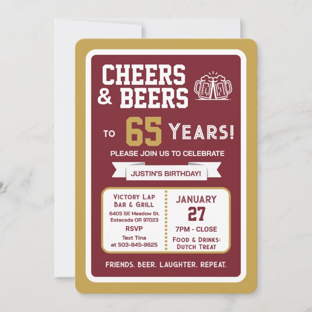 Invitation Sports Bar Birthday Cheers and Beers to 65 Years  (Devant)